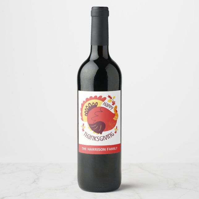 Autumn Stylised Sitting Turkey Happy Thanksgiving Wine Label (Front)