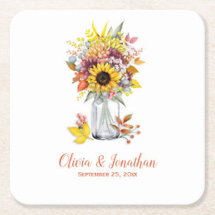 Autumn Sunflower Floral Mason Jar Wedding Square Paper Coaster