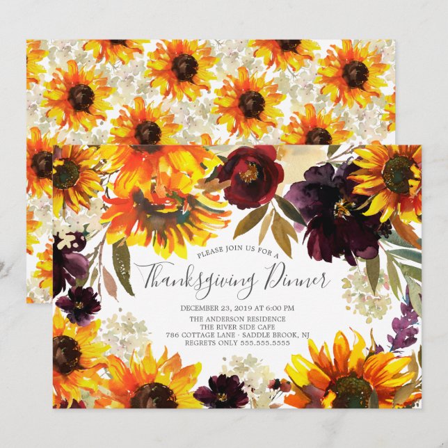 Autumn Sunflower Floral Thanksgiving Dinner Party Invitation (Front/Back)
