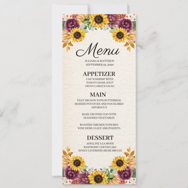 Autumn Sunflower Floral Wedding Menu Invitation (Front)