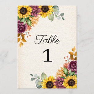 Autumn Sunflower Floral Wedding Table Number