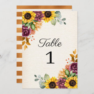 Autumn Sunflower Floral Wedding Table Number