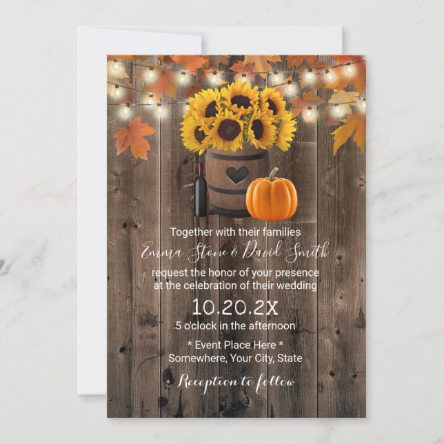 Autumn Sunflower & Pumpkin Rustic Fall Wedding Invitation (Front)