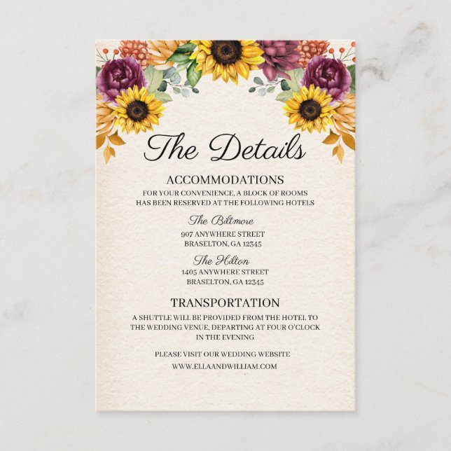 Autumn Sunflower Wedding Details Enclosure Card (Front)
