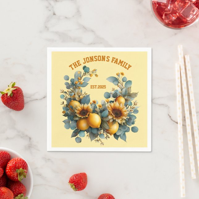 Autumn Sunflowers and Lemons Family Decor Napkin (Insitu)