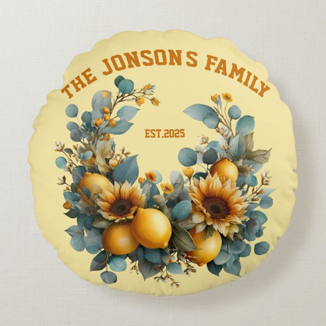 Autumn Sunflowers and Lemons Family Decor Round Cushion (Front)