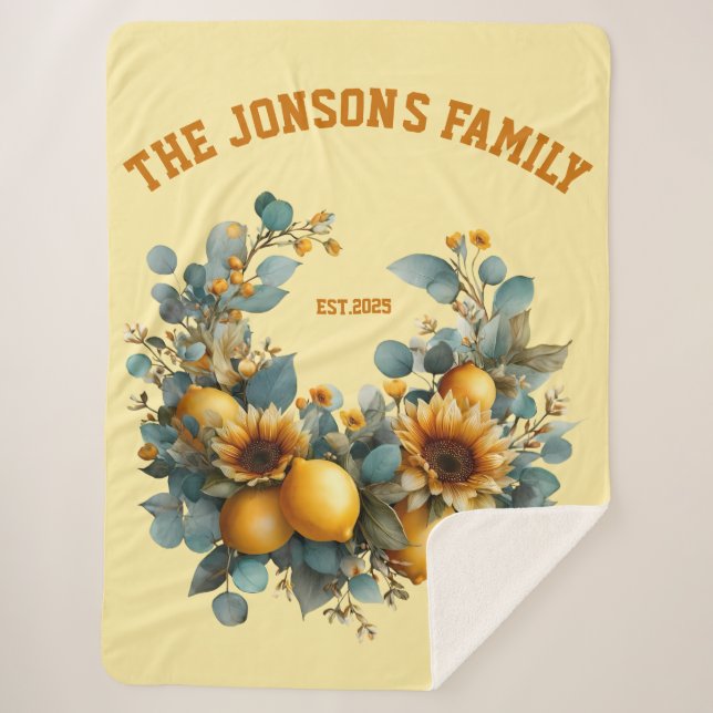 Autumn Sunflowers and Lemons Family Decor Sherpa Blanket (Front)