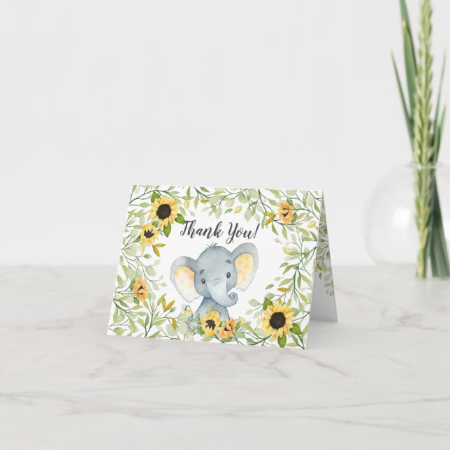 Autumn Sunflowers Elephant Baby Shower Thank You Card (Front)