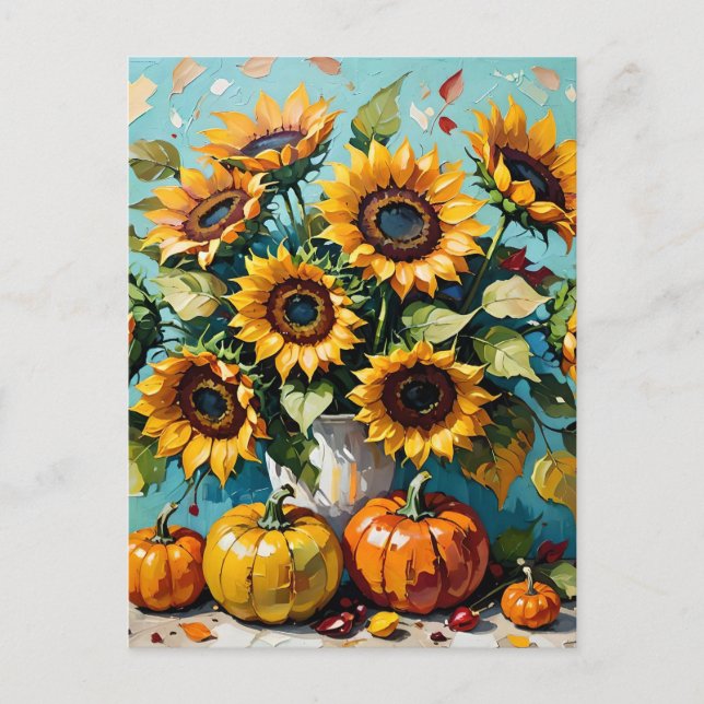  Autumn Sunflowers, Fall Sunflowers and Pumpkins,  Postcard (Front)