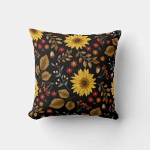 Autumn Sunflowers: Maple Black Background Cushion
