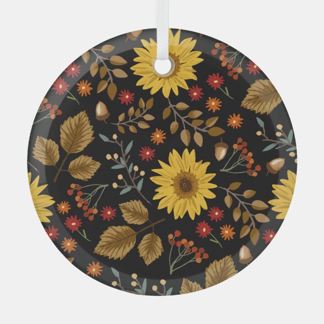 Autumn Sunflowers: Maple Black Background Glass Tree Decoration (Front)