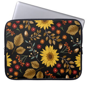 Autumn Sunflowers: Maple Black Background Laptop Sleeve