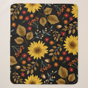 Autumn Sunflowers: Maple Black Background Sherpa Blanket