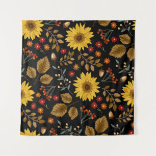 Autumn Sunflowers: Maple Black Background Tapestry