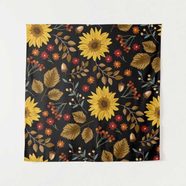Autumn Sunflowers: Maple Black Background Tapestry (Front)
