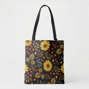 Autumn Sunflowers: Maple Black Background Tote Bag