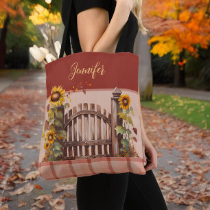 Autumn Sunflowers on Fence Rust Plaid and Monogram Tote Bag