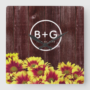 Autumn Sunflowers on Wooden Fence Wedding Square Wall Clock