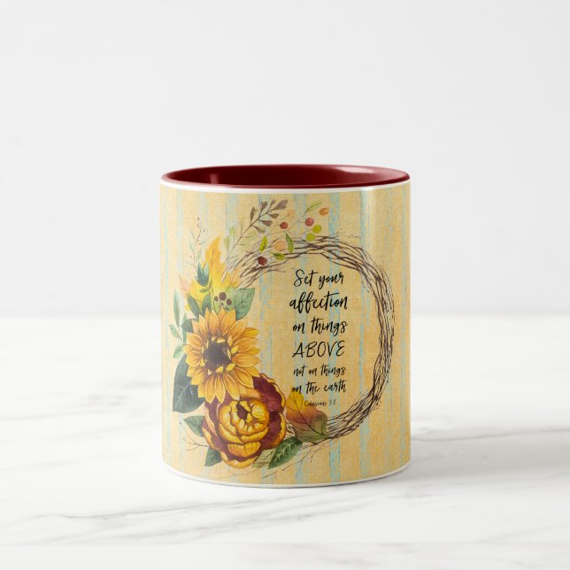 Autumn Sunflowers with Bible Verse Quote Two-Tone Coffee Mug (Center)
