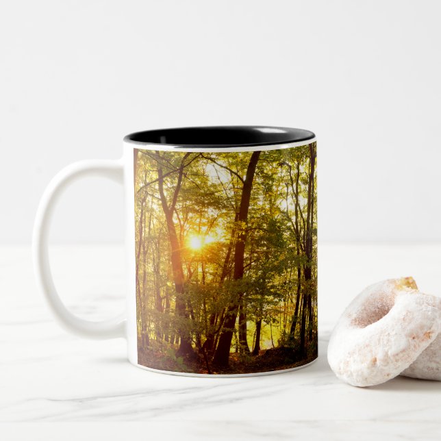 Autumn Sunrise in a Forest Two-Tone Coffee Mug (With Donut)