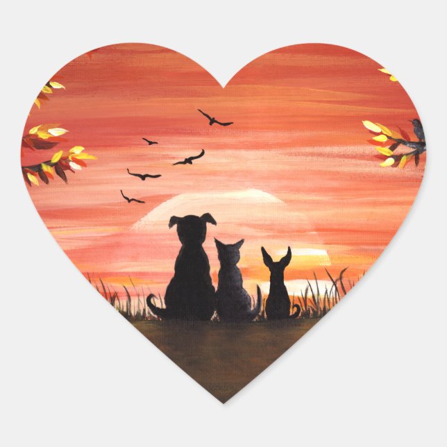 Autumn Sunset Dog and Cat Fall Heart Sticker (Front)