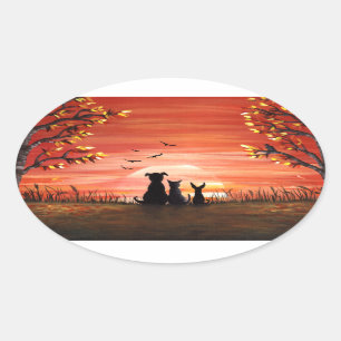 Autumn Sunset Dogs and Cat Pets Oval Sticker