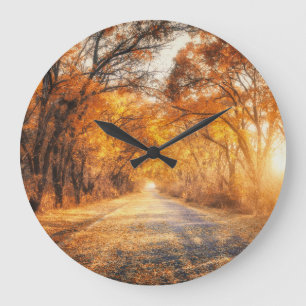 Autumn Sunset: Forest Road Scenery. Large Clock