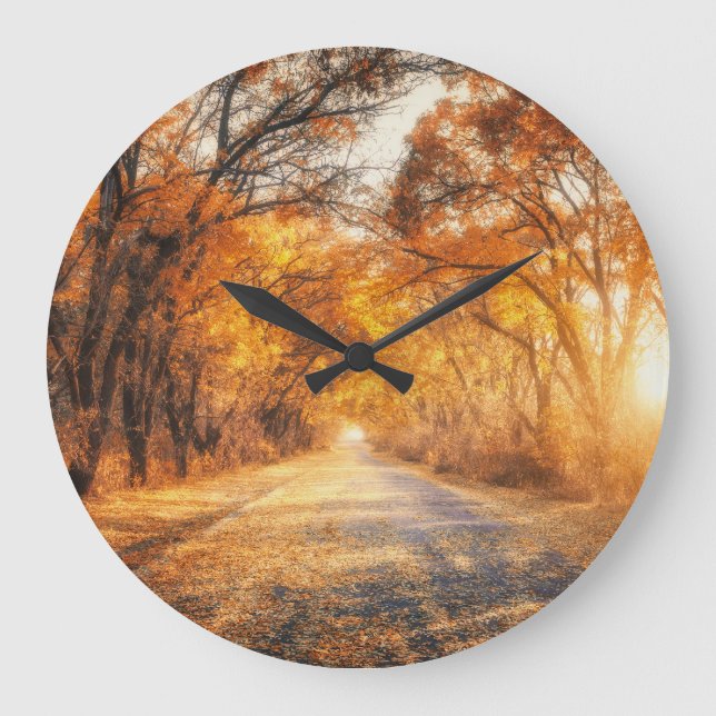Autumn Sunset: Forest Road Scenery. Large Clock (Front)