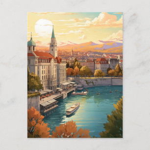 Autumn Sunset Over a Swiss Lakeside Town Holiday Postcard