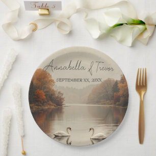 Autumn Swans Romantic Lake in Fall Wedding Paper Plate
