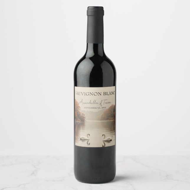 Autumn Swans Romantic Lake in Fall Wedding Wine Label (Front)