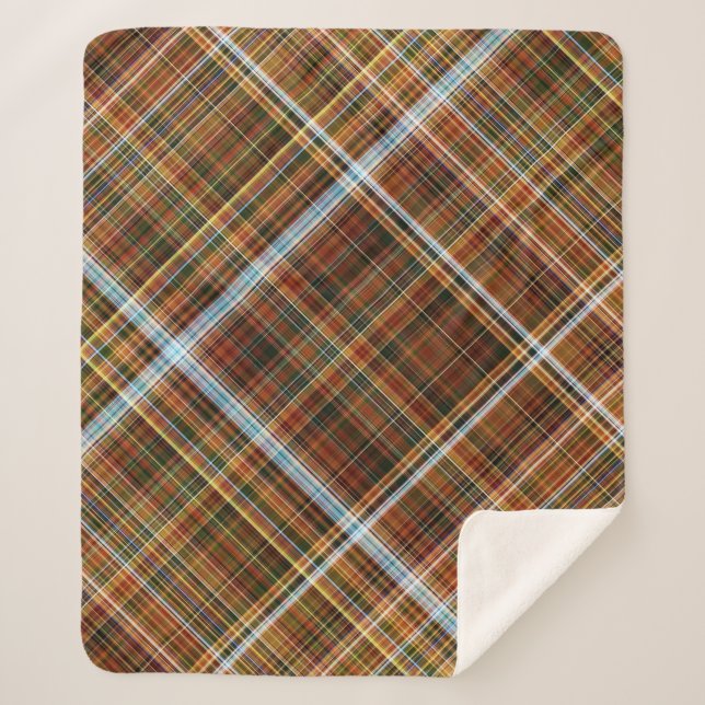 Autumn Sycamore Brown, Green, and Blue Plaid Sherpa Blanket (Front)
