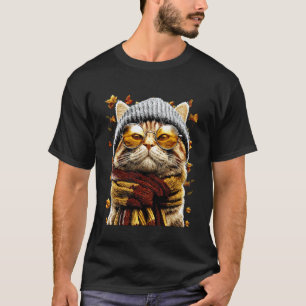 Autumn Tabby Cat with Sunglasses Fall Leaves Felin T-Shirt