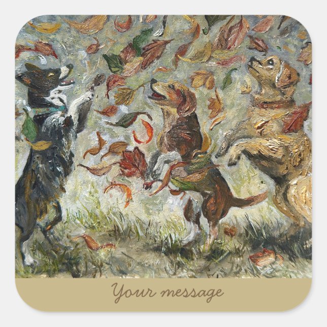 Autumn Tailwag Whimsical Golden Retriever Dogs Oil Square Sticker (Front)