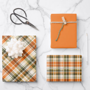 Autumn Tartan Plaid in Olive Green, Sage, Orange.. Wrapping Paper Sheet