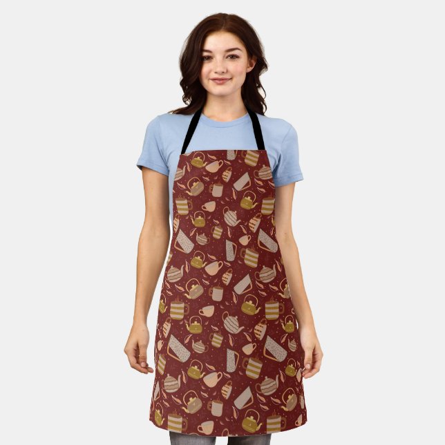 Autumn Tea Time Teapot Mug Leaf Pattern Apron (Worn)