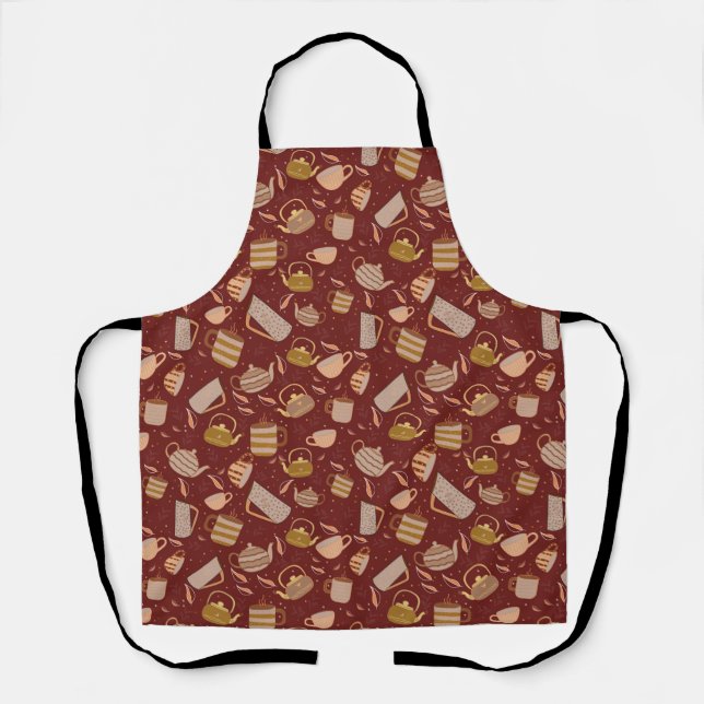 Autumn Tea Time Teapot Mug Leaf Pattern Apron (Front)