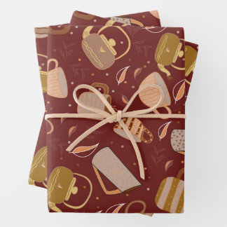 Autumn Tea Time Teapot Mug Leaf Pattern Wrapping Paper Sheet