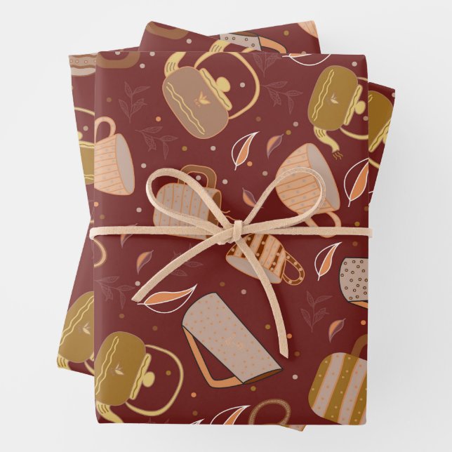 Autumn Tea Time Teapot Mug Leaf Pattern Wrapping Paper Sheet (In situ)