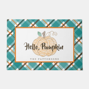 Autumn Teal Orange Plaid Hello Pumpkin Door Mat
