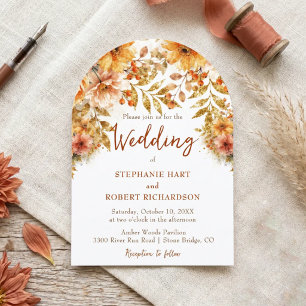 Autumn Terracotta Boho Floral Gold Glitter Wedding Invitation