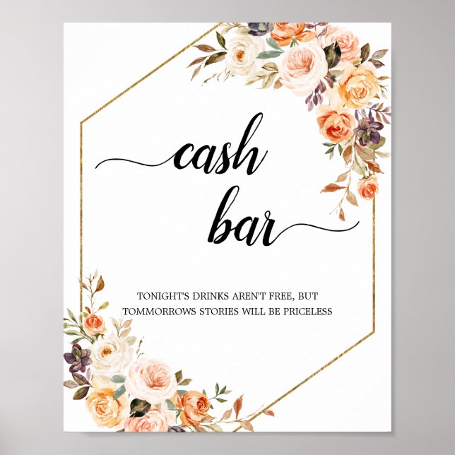 Autumn Terracotta Floral Geometric Cash Bar Sign (Front)