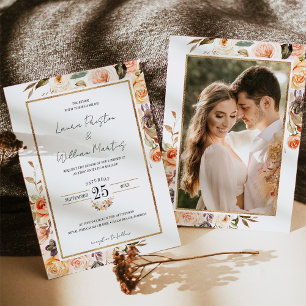 Autumn Terracotta Floral Gold Frame Photo Wedding  Invitation