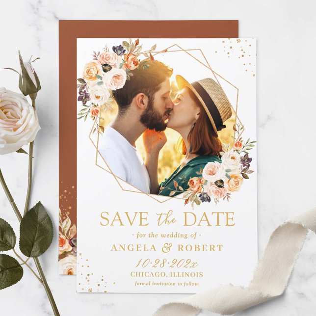 Autumn Terracotta Floral Gold Geometric Photo Save The Date (Creator Uploaded)