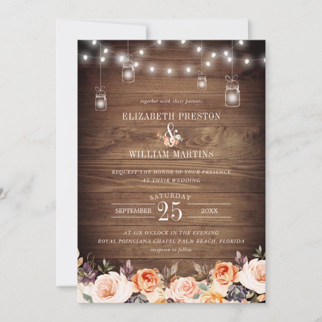 Autumn Terracotta Floral Rustic Barn Wood Wedding Invitation (Front)