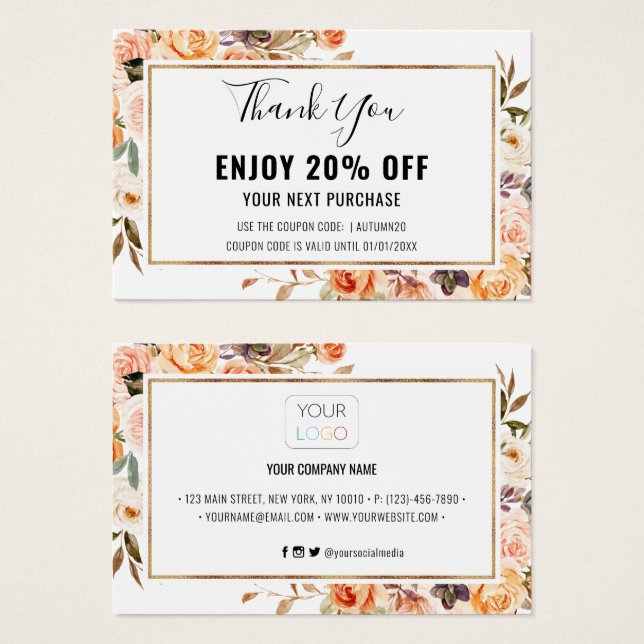 Autumn Terracotta Gold Floral Discount Coupon Card (Front & Back)