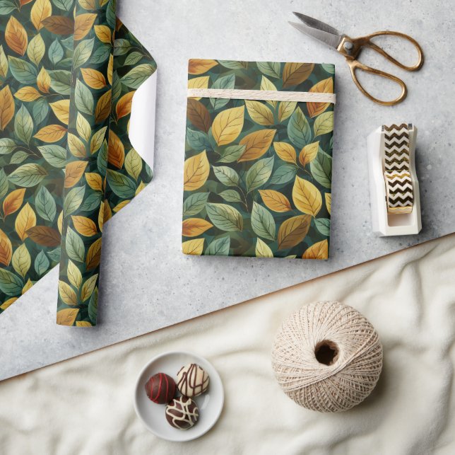 Autumn terracotta green yellow orange fall leaves wrapping paper (Crafts)