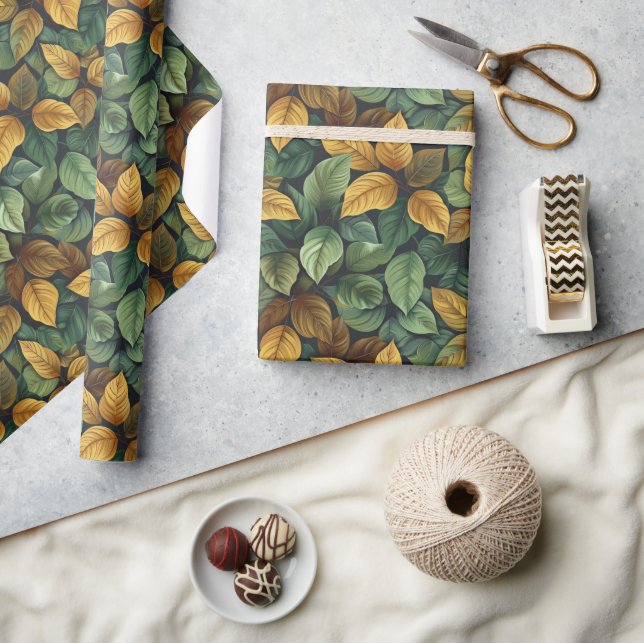 Autumn terracotta green yellow orange fall leaves wrapping paper (Crafts)