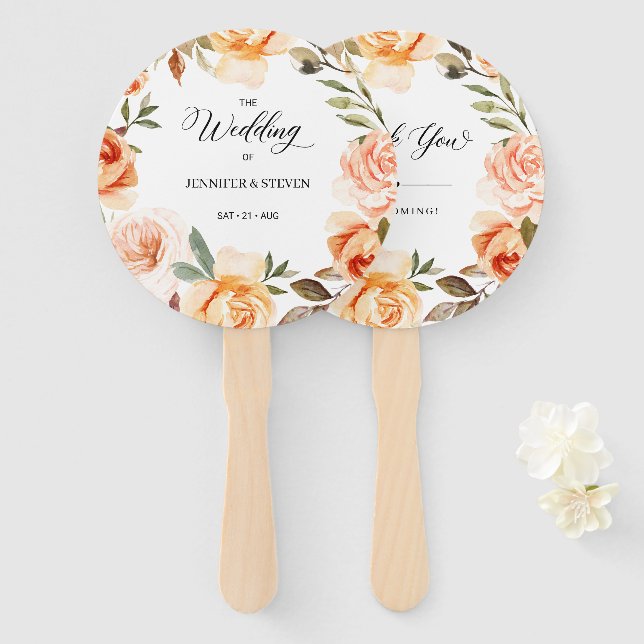 Autumn Terracotta Orange Floral Wedding Welcome Hand Fan (Front and Back)