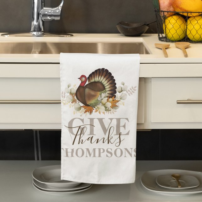 Autumn Thanksgiving Give Thanks Personalised Tea Towel (Give thanks holiday turkey personalized kitchen towel)